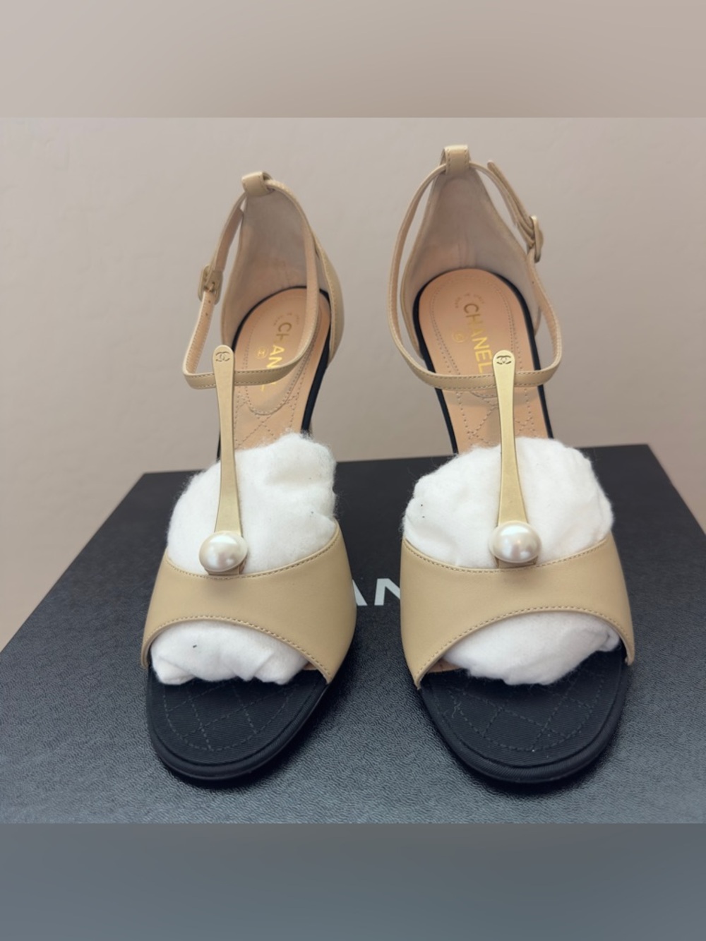 NWT Authentic Chanel 2016 Black and Beige Heels with Pearls